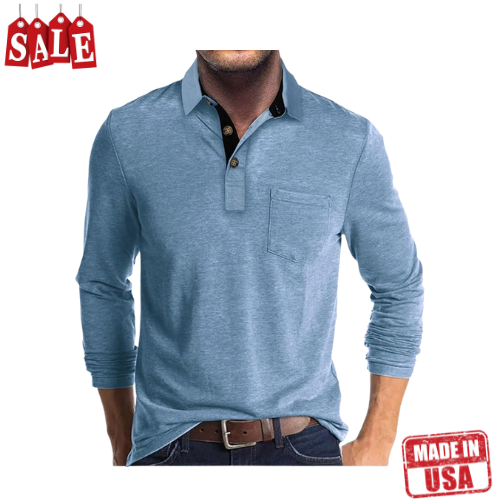 Men’s Casual Long Sleeve Polo Shirt – Classic Button Cotton Tee Stylish Solid Color Top