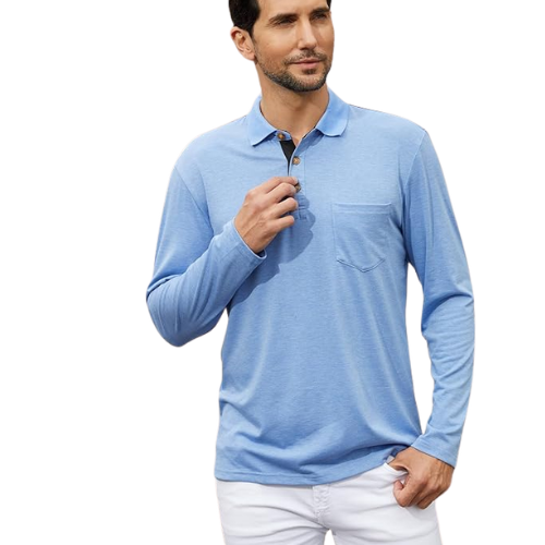 Men’s Casual Long Sleeve Polo Shirt – Classic Button Cotton Tee Stylish Solid Color Top