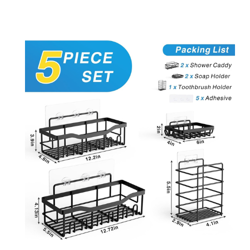 Adhesive Shower Caddy 5 Pack – Rustproof Stainless Steel Bathroom Organizer Shelves