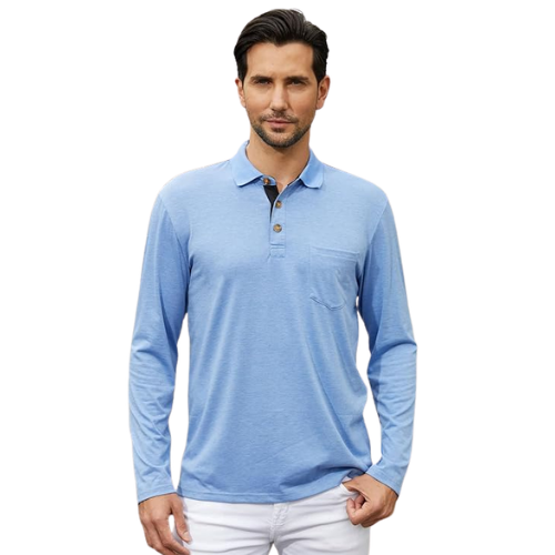 Men’s Casual Long Sleeve Polo Shirt – Classic Button Cotton Tee Stylish Solid Color Top