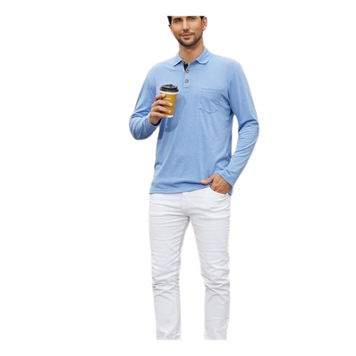 Men’s Casual Long Sleeve Polo Shirt – Classic Button Cotton Tee Stylish Solid Color Top