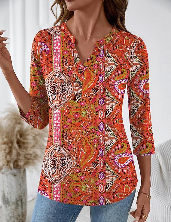 Women’s V Neck 3/4 Sleeve Button Down Blouse – Business Casual Fall Tunic Top