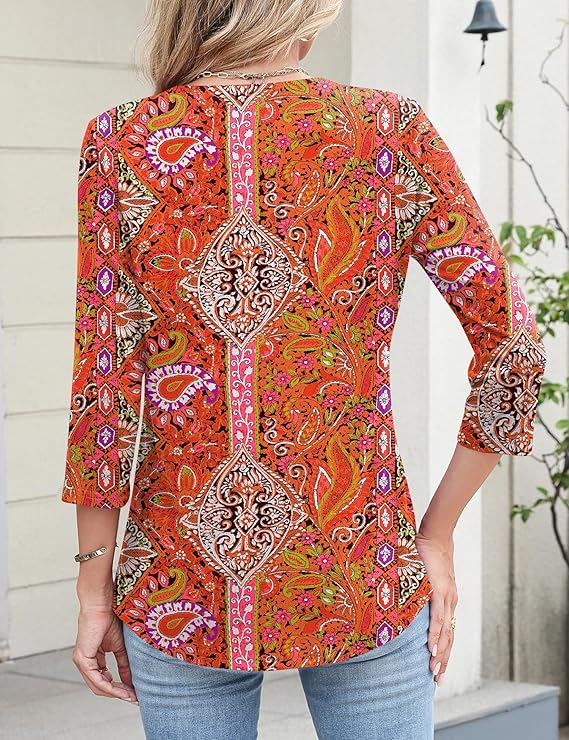 Women’s V Neck 3/4 Sleeve Button Down Blouse – Business Casual Fall Tunic Top